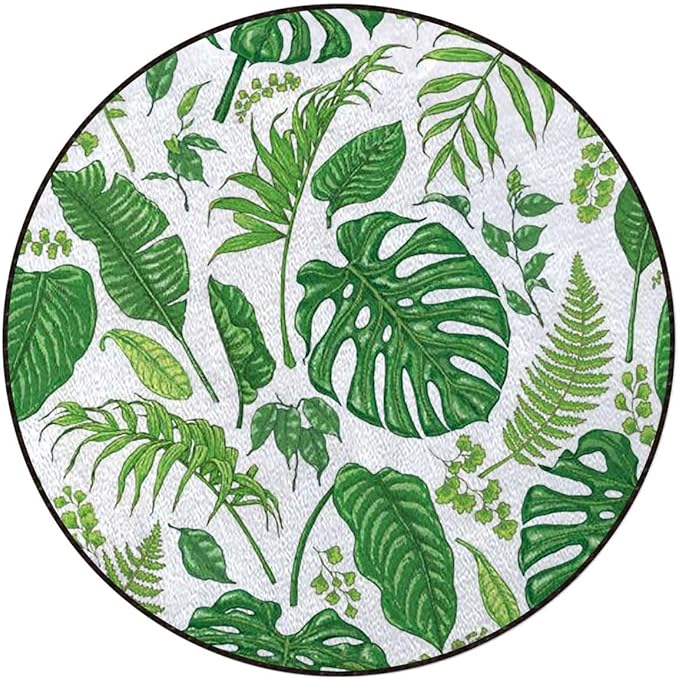 Fern Green Gaming Chair Mat Round Floor Mats for Office Chair Computer Gaming Desk Mat for Rolling Chair Non-Slip Gaming Rug Jungle Themed Picture with Leaves Exotic Art Diameter 35.4 in