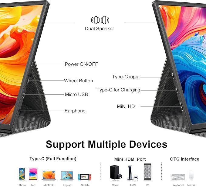 10.5inch Portable Monitor 1920x1280P FHD IPS Screen USB-C Laptop Second External for LaptopPCMac PhonePSSwichIPS Ultra-Thin Zero Frame Gaming Monitor/Premium Smart Cover