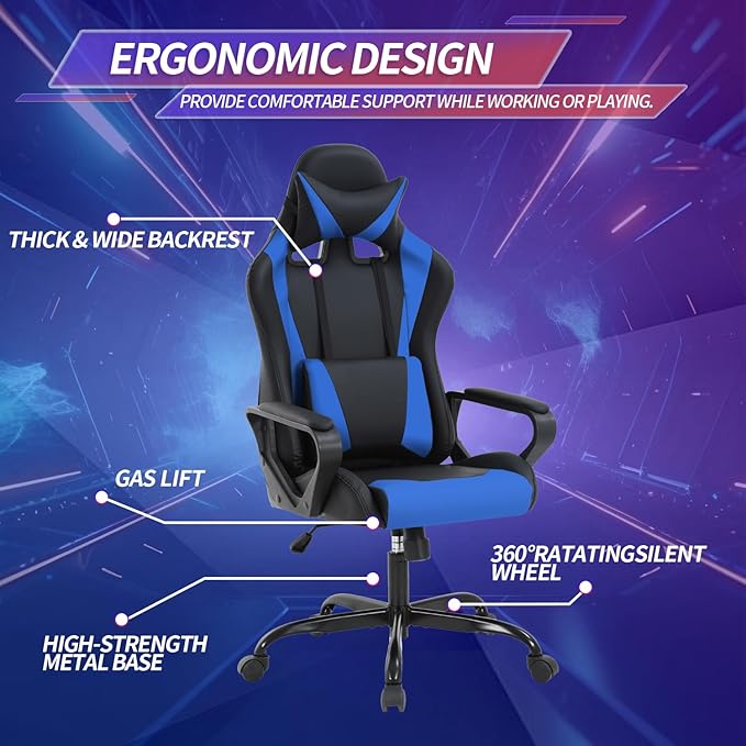 Gaming Chair Computer Racing Chair Ergonomic Office Chair Video Game Chairs for Adult Kids Teen Height Adjustable Reclining Chair with Lumbar Support Armrest Headrest Swivel Chair Game Chair Blue