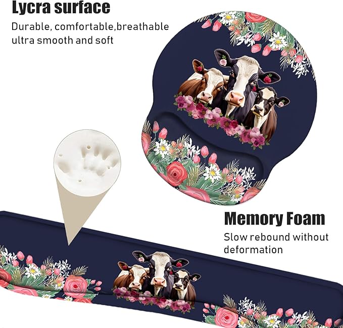 Keyboard Wrist Rest and Mouse Pad Wrist Support Set Non-Slip PU Base Ergonomic Gaming Mousepad for Home Office Working Studying Easy Typing &amp Pain Relief - Floral Quote Funny Cows Combination