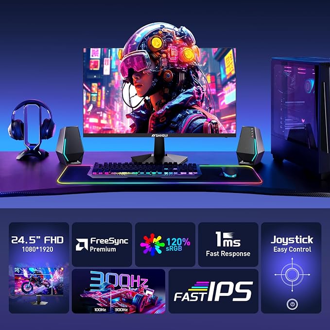 SANSUI Gaming Monitor 24.5 300hz 240hz FHD 1080P 1ms FPS PC Monitor Gaming HDR FreeSync DisplayPort x2 HDMI x2 Fast IPS 120% sRGB Audio Jack VESA Support Desktop Compatible(ES-G25X1 PRO)