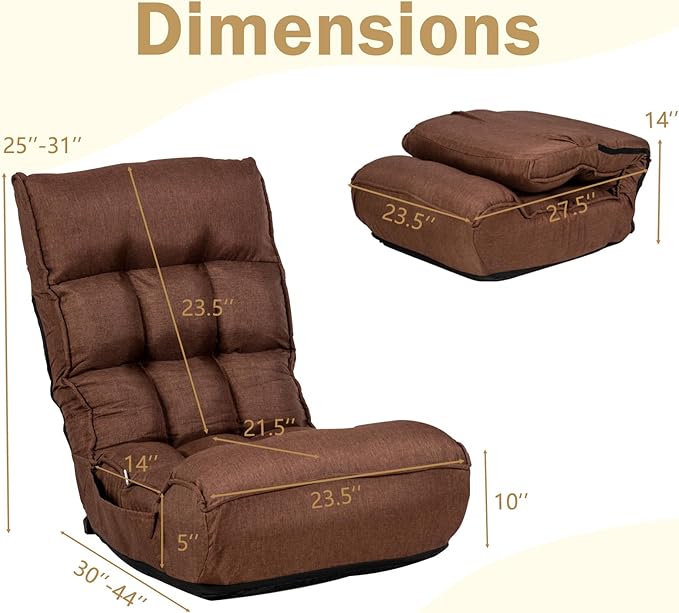 KOMFOTT Folding Floor Chair for Adults Floor Gaming Chair with 5-Position Adjustable Headrest &amp 4-Position Adjustable Backrest Side Pocket Floor Seating Lazy Sofa for Reading Meditating Brown