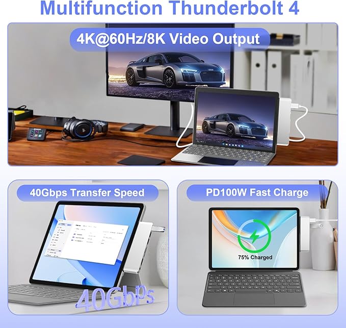 Surface Pro 12 Accessories Docking Station USB Hub and Adapter with 4K HDMI USB-C Thunderbolt 4 (Display+Data+100W PD) 2 USB 3.0 3.5mm Audio SD/TF Card Slot for Surface Pro 12 inch 2025