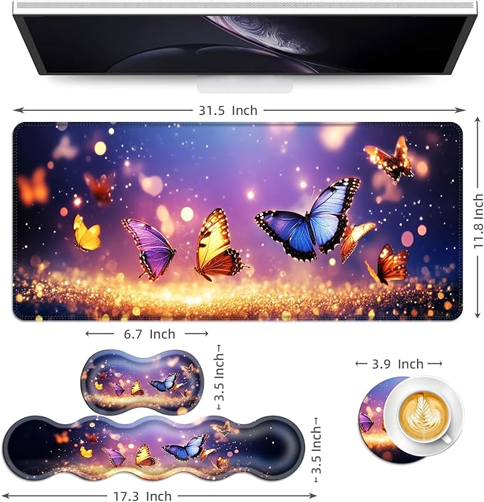 Keyboard Mouse Pad Set Extended Gaming Mouse Pad+Ergonomics Keyboard Wrist Rest Support Memory Foam Easy Typing Pain Relief 4Pcs XL Ultra Thick Desk MatMagical Butterflies