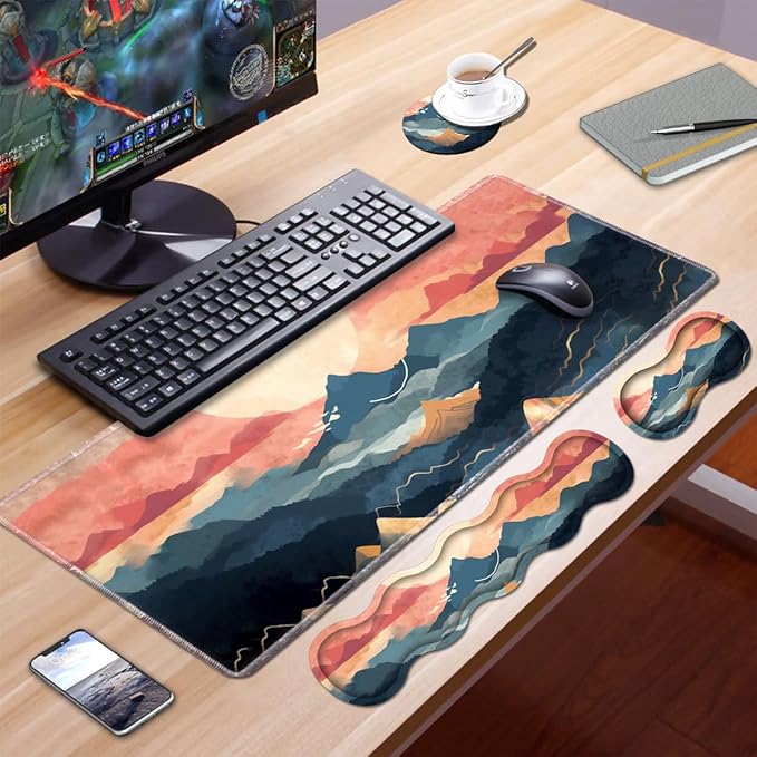 Ergonomic Keyboard Wrist Rest and Mouse Pad Wrist Rest Set Large XXL Gaming Mousepad 31.5x 11.8 Memory Foam Easy Typing Pain Relief Multifunctional Desk Mat for Office &amp Home Mountain Sunri