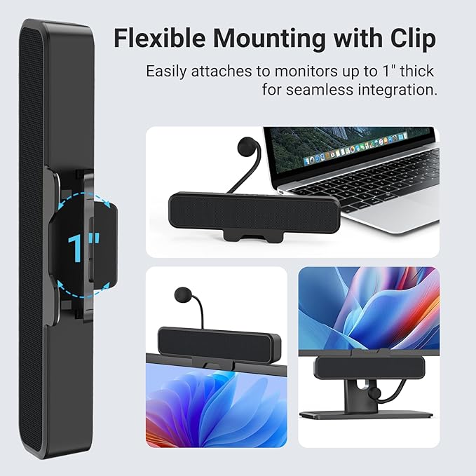 Computer Speakers with Microphone for Desktop PC USB Monitor Speakers with Clip Wired Laptop Sound Bar Stereo &amp Bass PC Speaker w/Mic for Meeting/Gaming/Online Learning Easily Clamps to Monit