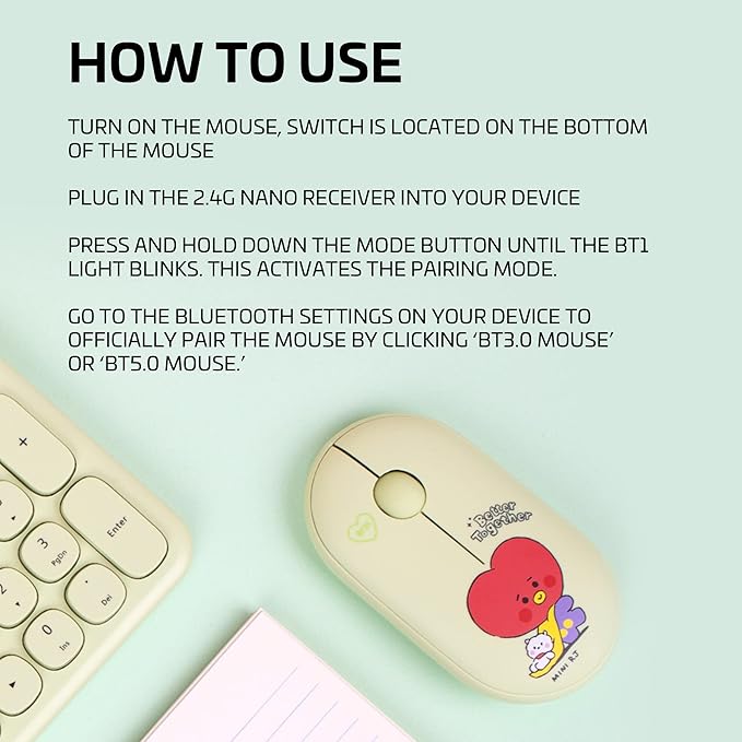 BTS Inspired Characters Multi Pairing Wireless Mouse Little Buddy Baby Better Together Edition All in Their Own Cute Style &amp Colors (RJ)