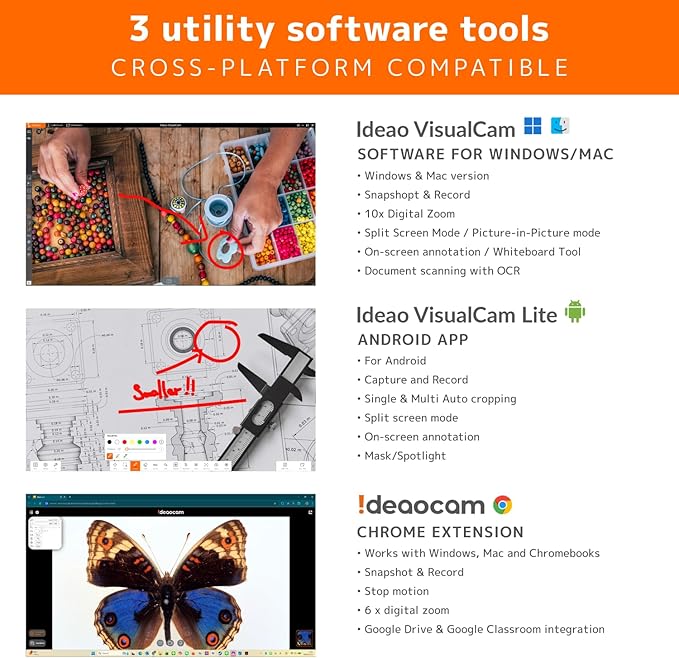 Ideao DC400 4K USB Document Camera Webcam &amp Scanner 3-in-1 13MP 4K/30fps 1080/60fps Autofocus Built-in Mic and LED lamp OCR Win Mac Chromebook Meetings Distance Learning &amp Teaching