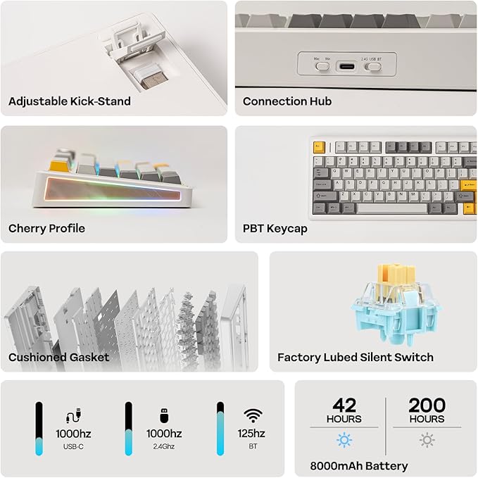 EPOMAKER TH80 V2 75% Wireless Mechanical Keyboard with Metal Knob 8000mAh 2.4Ghz/BT/USB-C RGB Hot Swap Custom Driver PBT Keycap Wireless Gaming Keyboard for PC/Mac (White Sea Salt Silent)