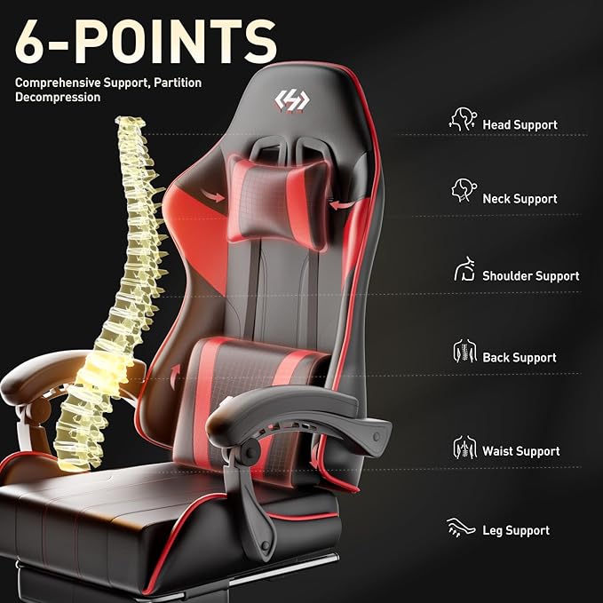 HLDIRECT Gaming Chair Ergonomic Computer Office Chair with Lumbar Support Footrest Headrest PU Leather 360° Swivel Adjustable Height Metal Frame 200 lbs Capacity (Black&ampRed)
