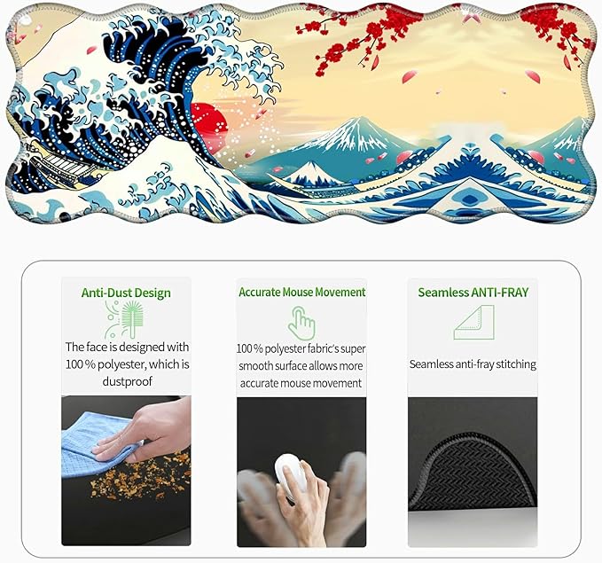 3-Piece Ergonomic Desk Mat and Cloud Wrist Rest Set Large 31.5 x 11.8 Wave Office Desk Pad with Memory Foam Support Non-Slip PU Computer Protector for Home Gaming &amp Writing Sunset Wave