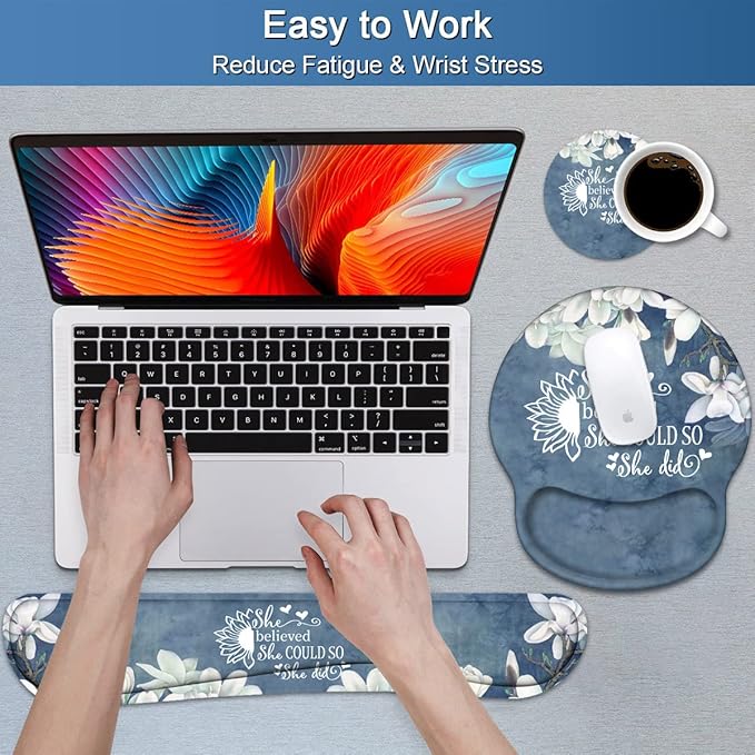 Keyboard Wrist Rest and Mouse Pad Wrist Support Set with Coasters Inspirational Quote She Believed She Could So She Did Wrist Support Mouse Pad with Non-Slip PU Base for Computer Laptop Home Office