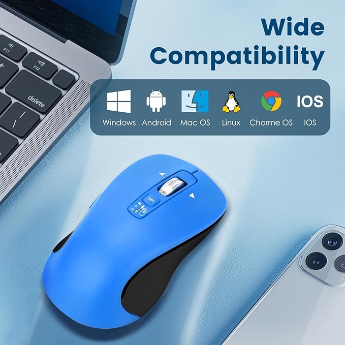 Wireless Bluetooth Mouse (USB + BT1 + BT2) Full Size 4-Way Scrolling Multi-Device Silent Mouse for Computer Laptop iPad MacBook (Blue)
