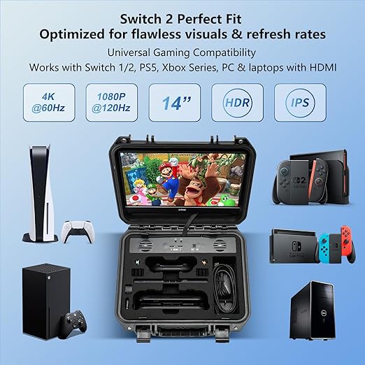 G-STORY 14‘’ Portable Monitor Case for Switch 24K&amp60Hz or 1080P&amp120Hz Portable Gaming Monitor IPS Screen HDMI Shock-Resistant Travel carrying Bag Game ModeTravel Monitor fo Switch2(no Includ