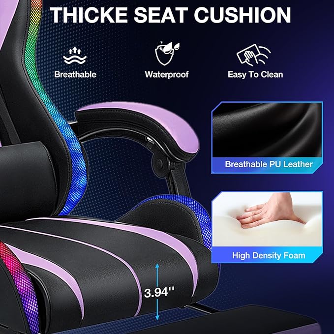 RGB Gaming Chair Massage with LED Lights Ergonomic Computer Gaming Chair with Footrest High Back Video Game Chairs with Adjustable Lumbar Support Purple and Black
