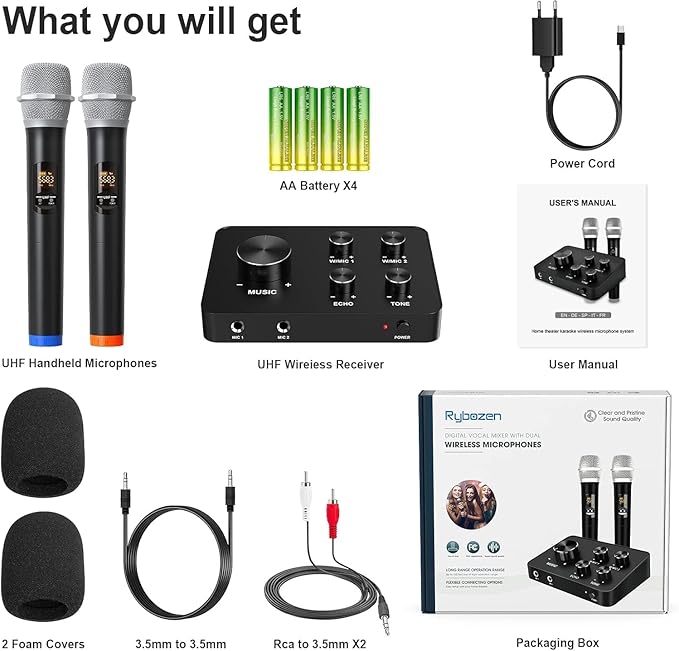 Wireless Karaoke Microphone System Dual Handheld Wireless Microphones for Smart TV Speaker &amp Amplifier HDMI/AUX in/Out 100FT Dynamic Microphonefor Home Karaoke Singing Church &amp Wedding