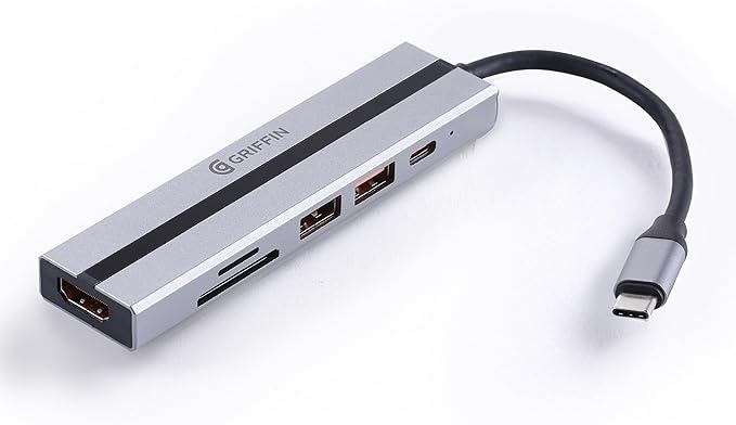 Griffin 6-in-1 USB C Hub Multiport Adapter 100W USB C Charging Hub with 4K HDMI SD/TF Card Reader 2 USB-A Ports for Laptop and PC