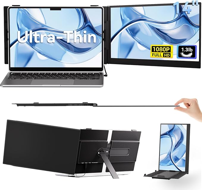 14 Laptop Screen Extender Ultra-Thin Ligthweight FHD 1080P IPS Laptop Monitor Extender Dual Screen Portable Monitor for Laptops 13-17.3 USB-C/HDMI Plug and Play for Windows/Mac/Android/PS5