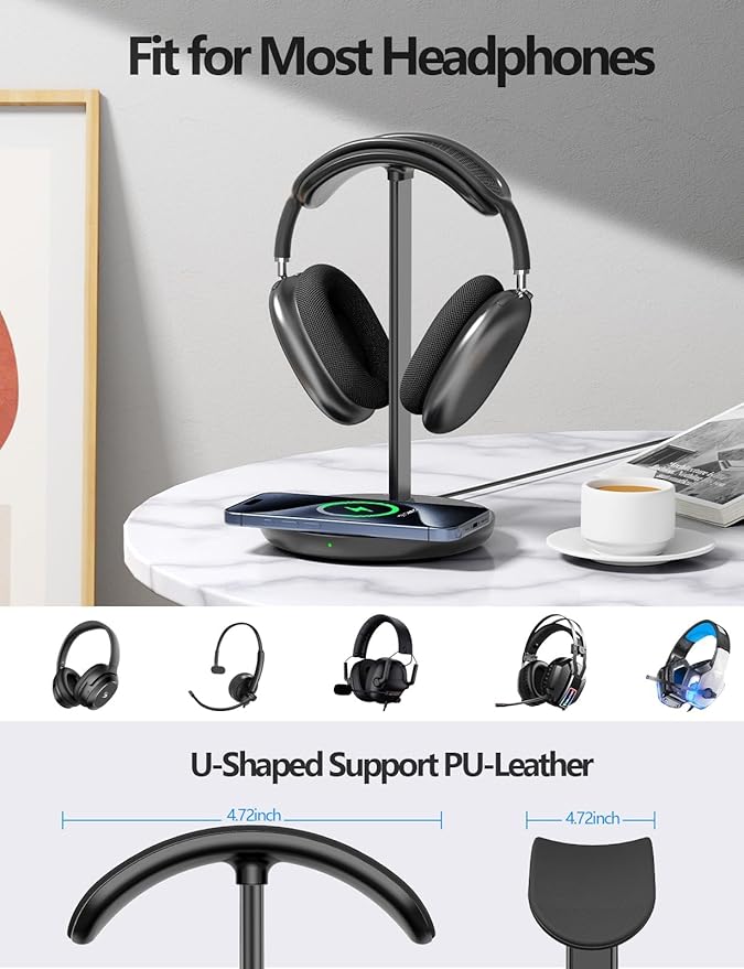 Miroddi Headphone Stand with Wireless Charger Independent USB Charging Port 5 in 1 Charging Station Headset Holder Rack for AirPods Max/Pro/4/3/2 iWatch iPhone Samsung and Desk Headphones Black