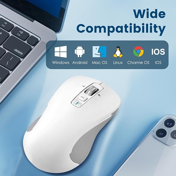 Wireless Bluetooth Mouse (USB + BT1 + BT2) Full Size 4-Way Scrolling Multi-Device Silent Mouse for Computer Laptop iPad MacBook (White)
