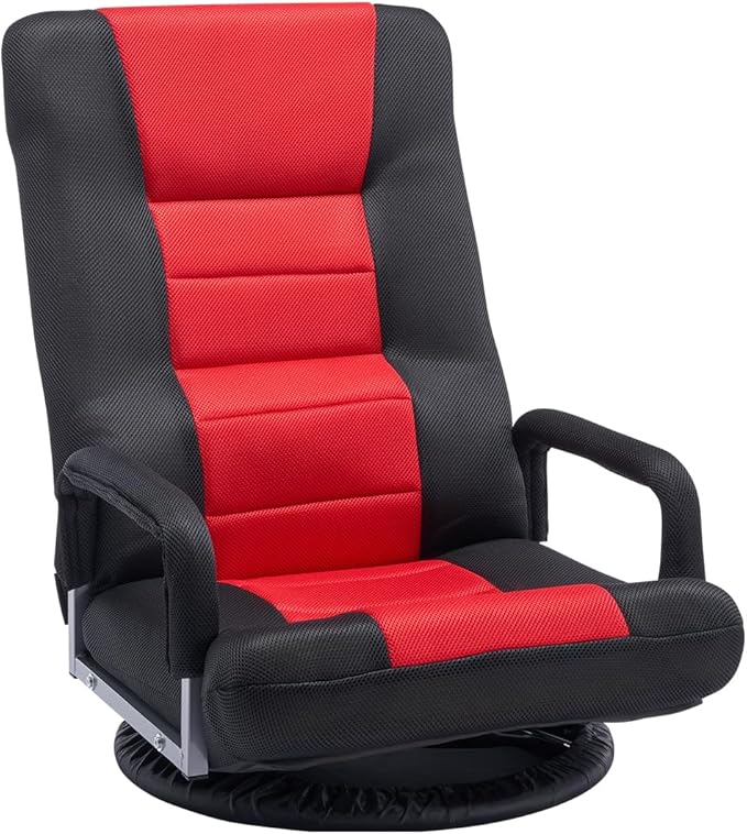 VEVOR Swivel Floor Gaming Chair with Armrests 360-Degree Rotating Floor Chair with 6 Adjustable Position Folding Backrest and Lumbar Support Folding Video Reclining Sofa for TV Reading Red Black