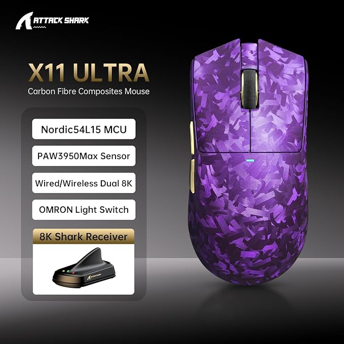 ATTACK SHARK X11 Ultra 8K Carbon Fiber Wireless Gaming Mouse with 42000 DPI-PAW3950 MAX Sensor-59g LightweightNordic 54L15 MCU ChipWired/BT/2.4Ghz100 Million ClicksProgrammable for PC Mac(Purple)