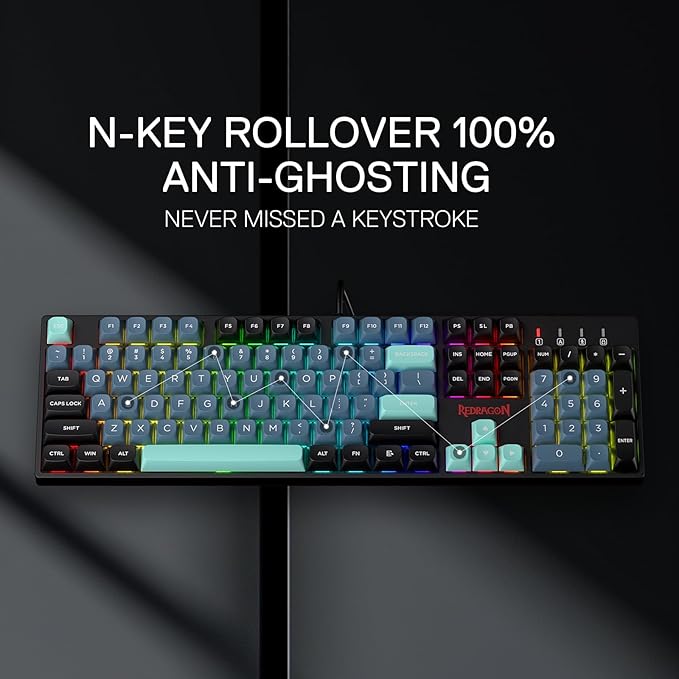 Redragon K582 SE Wired RGB Gaming Keyboard 104 Keys Mechanical Keyboard w/Mixed Color Round PBT Keycaps Dynamic 16.8M RGB Backlit &amp Linear Red Switch Redefine Software Supported