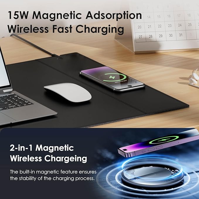 Magnetic Mouse Pad with Wireless Charging 35.4'' x 16.9'' Extra Large Desk Pad Waterproof and Scratch-Resistant Mousepad Charcoal Black Computer Mouse Mat for MacBook PC Laptop