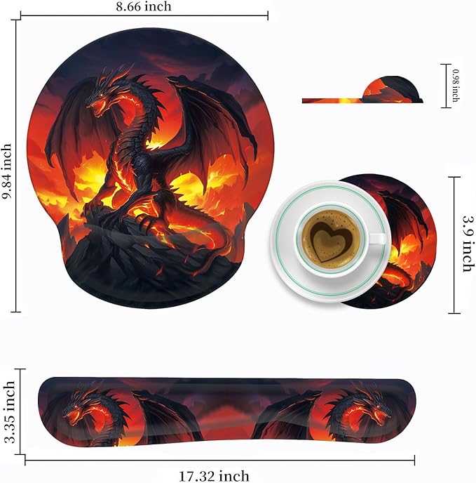 Keyboard Wrist Rest and Mouse Pad Wrist Support Set with CoastersErgonomic Gaming Mousepad for Home Office Working Studying Easy Typing &amp Pain ReliefFire Dragon