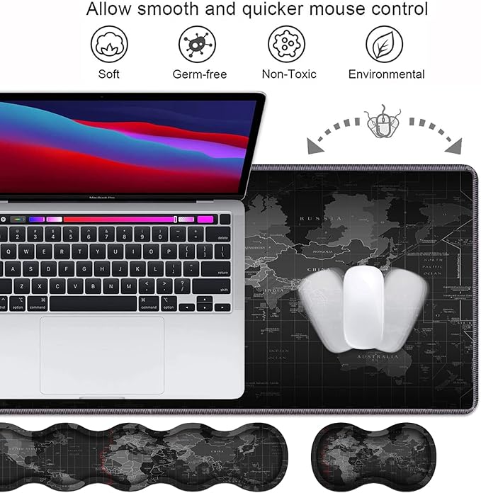Ergonomic Keyboard Wrist Rest &amp Mouse Pad Wrist Rest Set Large XXL Gaming Mousepad 31.5x 11.8 Memory Foam Easy Typing Pain Relief Multifunctional Desk Mat for Office &amp Home World Map Pa