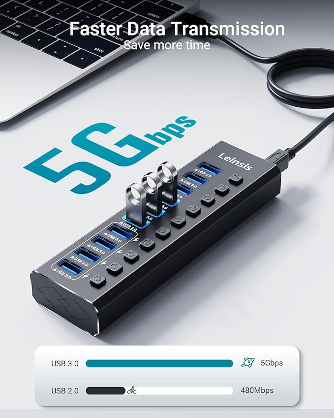 Powered USB Hub 3.0 Leinsis 10-Port USB 3.0 Hub [Durable Aluminum] 10 Data Transfer Ports+ 4 Smart Charging Ports with Individual On/Off Switches USB Hub 3.0 Powered with Power Adapter for Laptop PC