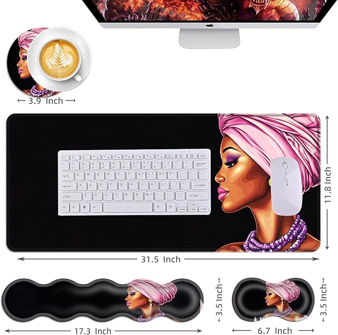 Mouse PadLarge Desk Mat Set 4in1 XL Mousepad + Keyboard Wrist Rest+Mouse Wrist Rest+Coaster with Ergonomic Desk Pad for Home Office Table Computer Cover -African Woman