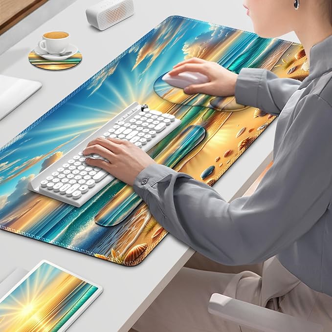 Gaming Mouse Pad Large Desk Mat Cute Desk Pad Protector 4in1 XXL Mousepad + Keyboard Wrist Rest+Mouse Wrist Rest+Coaster Set with Ergonomic Desk Pad for Home Office Computer Beach Sun Shell