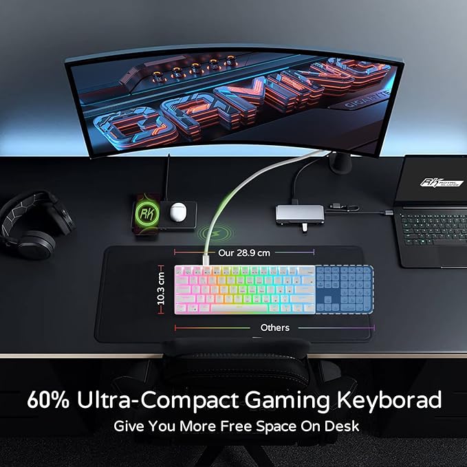 RK ROYAL KLUDGE RK61 60% Gaming Keyboard Wired RGB Mechanical Keyboard with No-Conflict 61 Keys Hot Swappable PC Game Keyboards for Windows Mac Quiet Red Switch-White