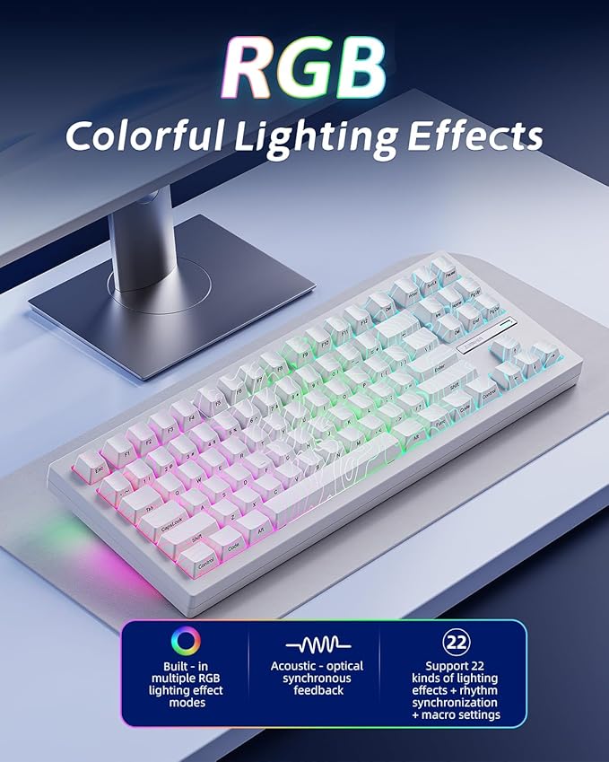 ZORNHER ZH870 Wireless Gaming Mechanical Keyboard80% White Custom Creamy Sound Keyboard with Lighted Up White Topographic KeycapsCreamy Sounding Linear SwitchesHot-SwappableRGB Backlit