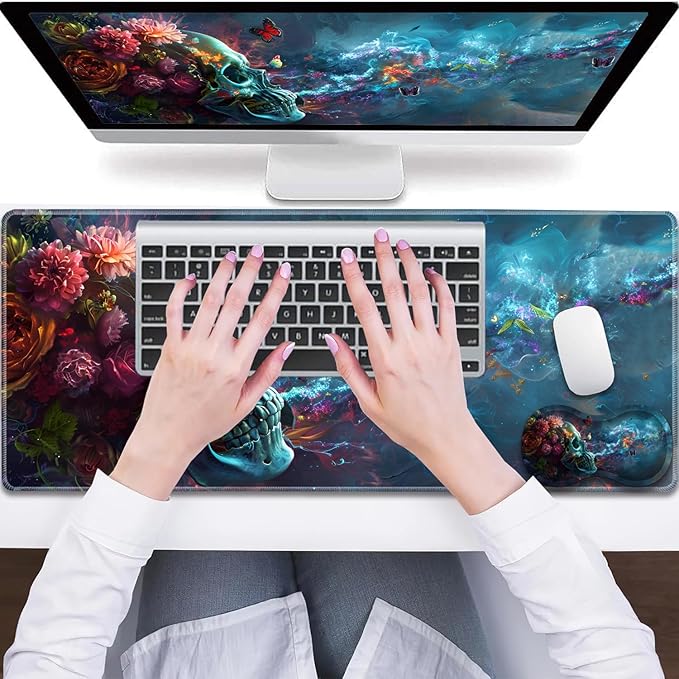 Large Gaming Mouse Pad + Wrist Rest + Lace Coaster Non-Slip Set with Sewn Edges and Waterproof Expandable Desktop Pad Suitable for Office/Home Butterfly and Skull Flowers