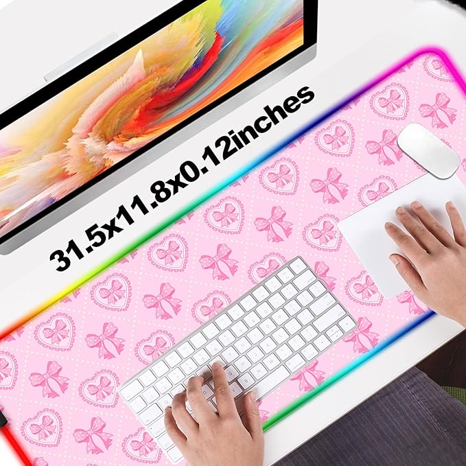 RGB Pretty Pink Love Bows Gaming Desk Mat Computer Keyboard Large Extended Long Girly LED Mouse Pad for Office and Home XL (W13)
