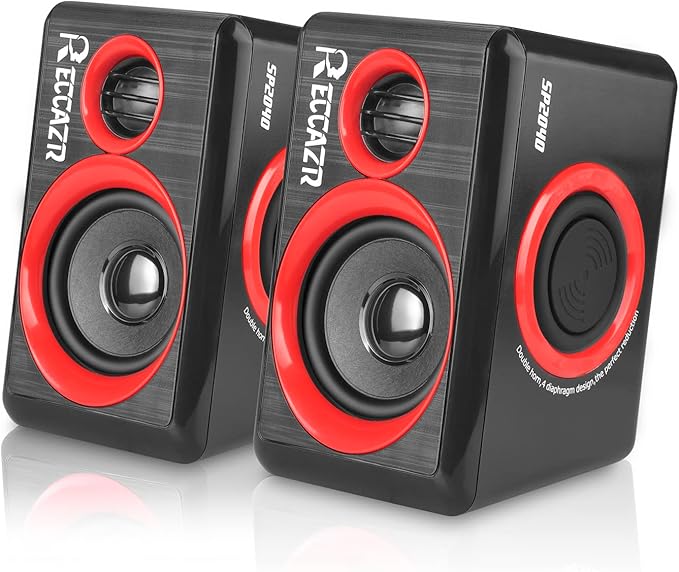 Computer Speakers 2.0 CH PC Speakers with Surround Sound USB Wired Laptop Speakers with Deep Bass for Desktop Computer/PC/Laptops/Smart Phone Build-in 4 Loudspeaker Diaphragm Reccazr SP2040|RED
