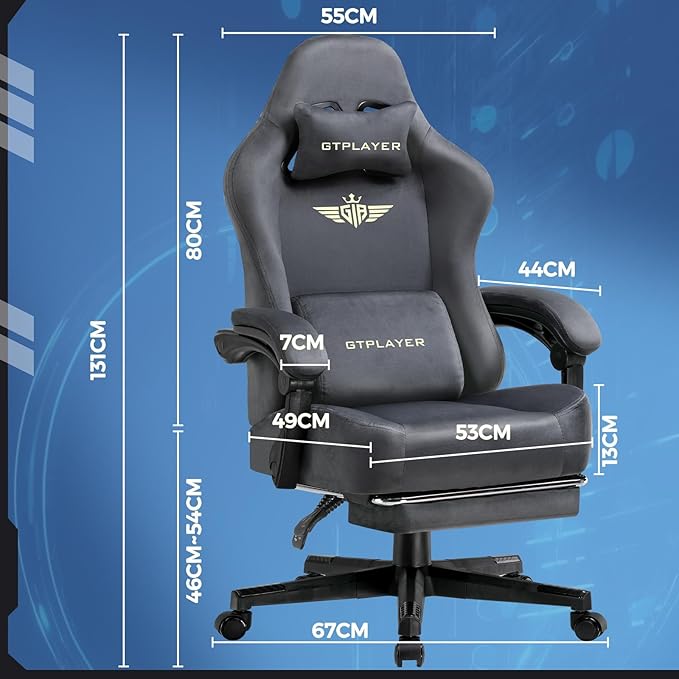 GTPLAYER Gaming Chair Fabric with Pocket Spring Cushion Big and Tall Gamings Chairs 350LBS High Back Computer Chair with Footrest for Adults Lumbar Support Swivel Game Chair for Office Dark Grey