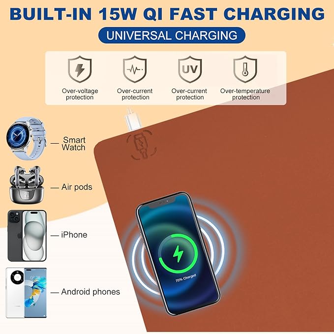 Desk Mat with Wireless Charging Brown Mouse Pad with Wireless Charger Desk Pad Matt for Desktop Mousepad Gaming Large Mouse Pad Leather Compute for Keyboard and Mouse 32 x 16