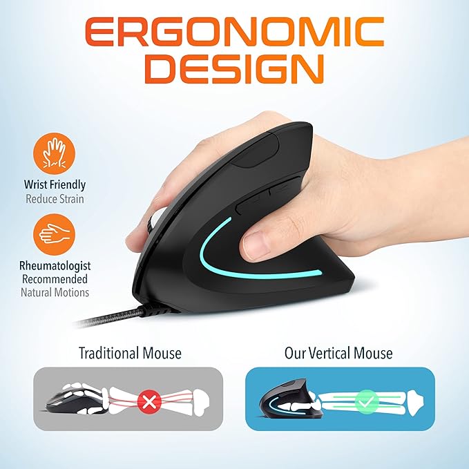 Delton S12 Ergonomic Vertical Wired Mouse 6 Buttons 3 Adjustable DPI Levels (800/1200/1600) &amp 3D Scroll Wheel Compatible for PC Laptop Mac Chromebook - Black