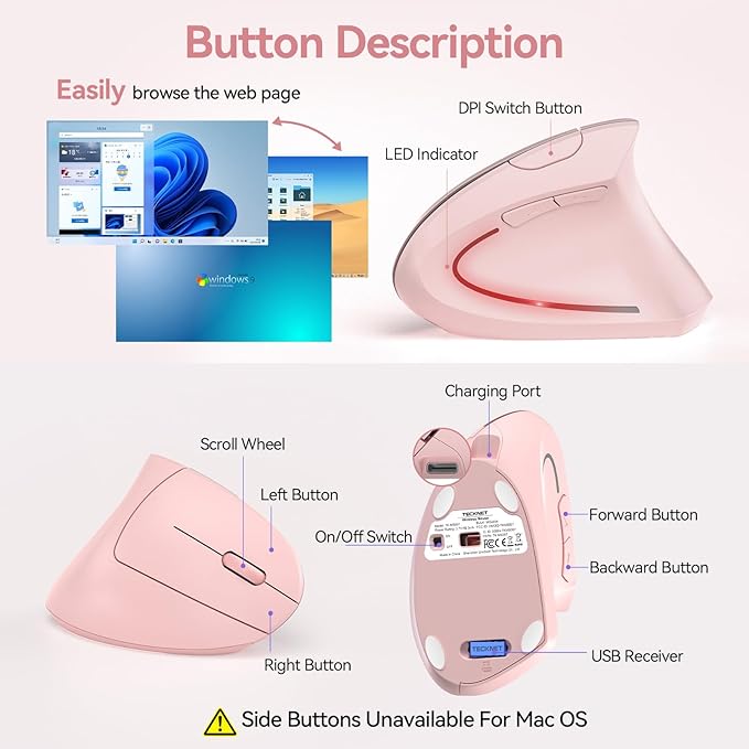 TECKNET Ergonomic Mouse Wireless Rechargeable Mouse Silent for Carpal Tunnel Right Hand 2.4GHz USB Vertical Mouse Wireless for Laptop 5 Adjustable 4800 DPI Computer MacBook Desktop