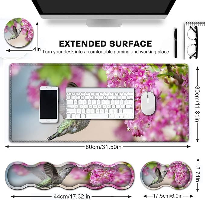 Extended Gaming Mouse Pad 31.5x11.8 Big Desk Mat Ergonomic Memory Foam Keyboard Wrist Rest Support for Home Laptop Working Office Desk Pad with Non-Slip BaseHummingbird &amp Flowers Large Mouse Pa