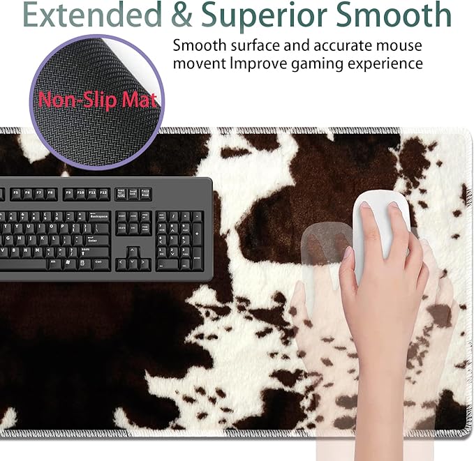 Large Gaming Mouse Pad + Keyboard Wrist Rest + Wrist Support + Coaster Set Memory Foam Ergonomic for Easy Typing XXL Extended Gaming Mouse Pad Table Pad - Cow Hide Print
