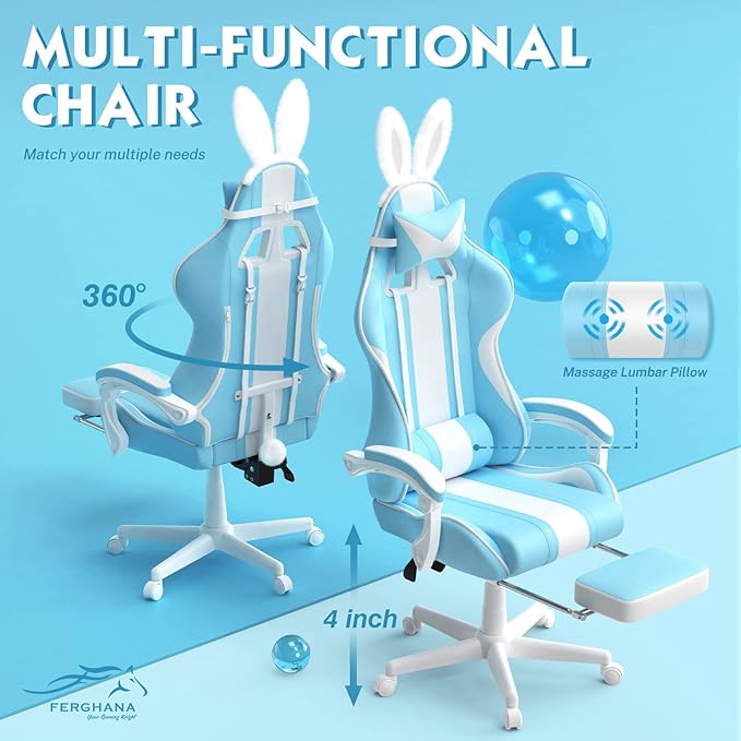 Ferghana Blue Gaming Chair with Bunny Ear Cute Massage Gaming Chairs for Adults &amp Teens Office PC Gamer Chair with Footrest Kawaii Computer Game Chair for Girls Racing Reclining Silla Gamer