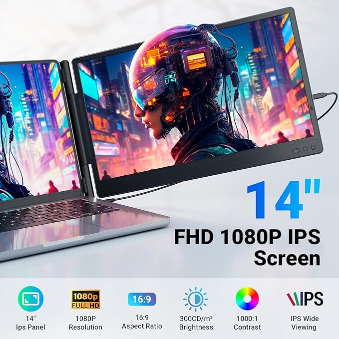 Ygretyrjh Laptop Screen Extender 14 Triple Portable Monitor for Laptop 1080P FHD IPS Screen Extender Monitors for 13-17 Travel Monitor for Mac/Windows/Chrome Built-in Speakers