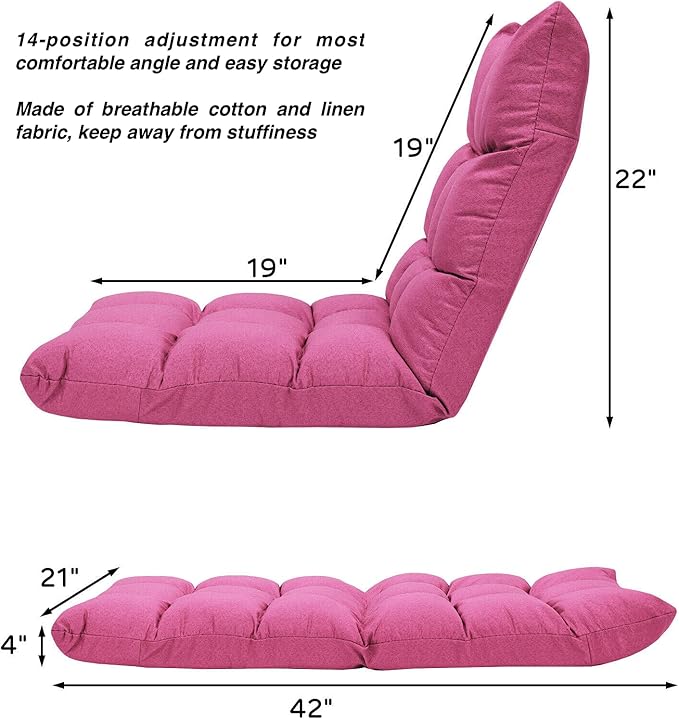 Pink Linen Fabric Floor Chair Folding Lazy Video Gaming Chair 14 Adjustable Backrest Positions Soft Comfortable Thick Padded Cushion Steel Frame Great for Reading Watching TV Playing Games