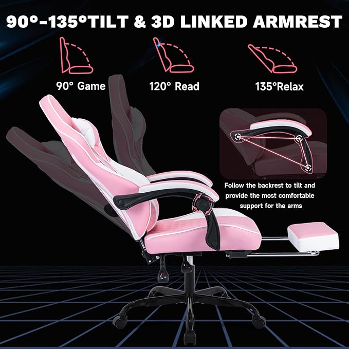 Gaming Chair with Footrest High Back Ergonomic Computer Chair Height Adjustable Game Chair with Headrest and Lumbar Support for Office or Gaming (Pink with Massage)