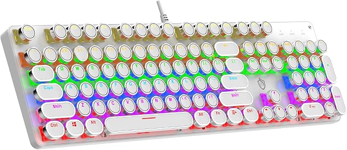 Typewriter Mechanical Gaming Keyboard with Rainbow Light Backlit Red Switches 104 Keys Retro Round Keycap Wired Typewriter Style Comfortable Typing Soud (White LED)