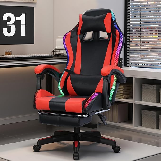 Gaming Chair Computer Chair with Footrest and Massage Lumbar Support Racing Executive Ergonomic Adjustable Swivel Task Chairs with Headrest and Lumbar Support Black &amp Red